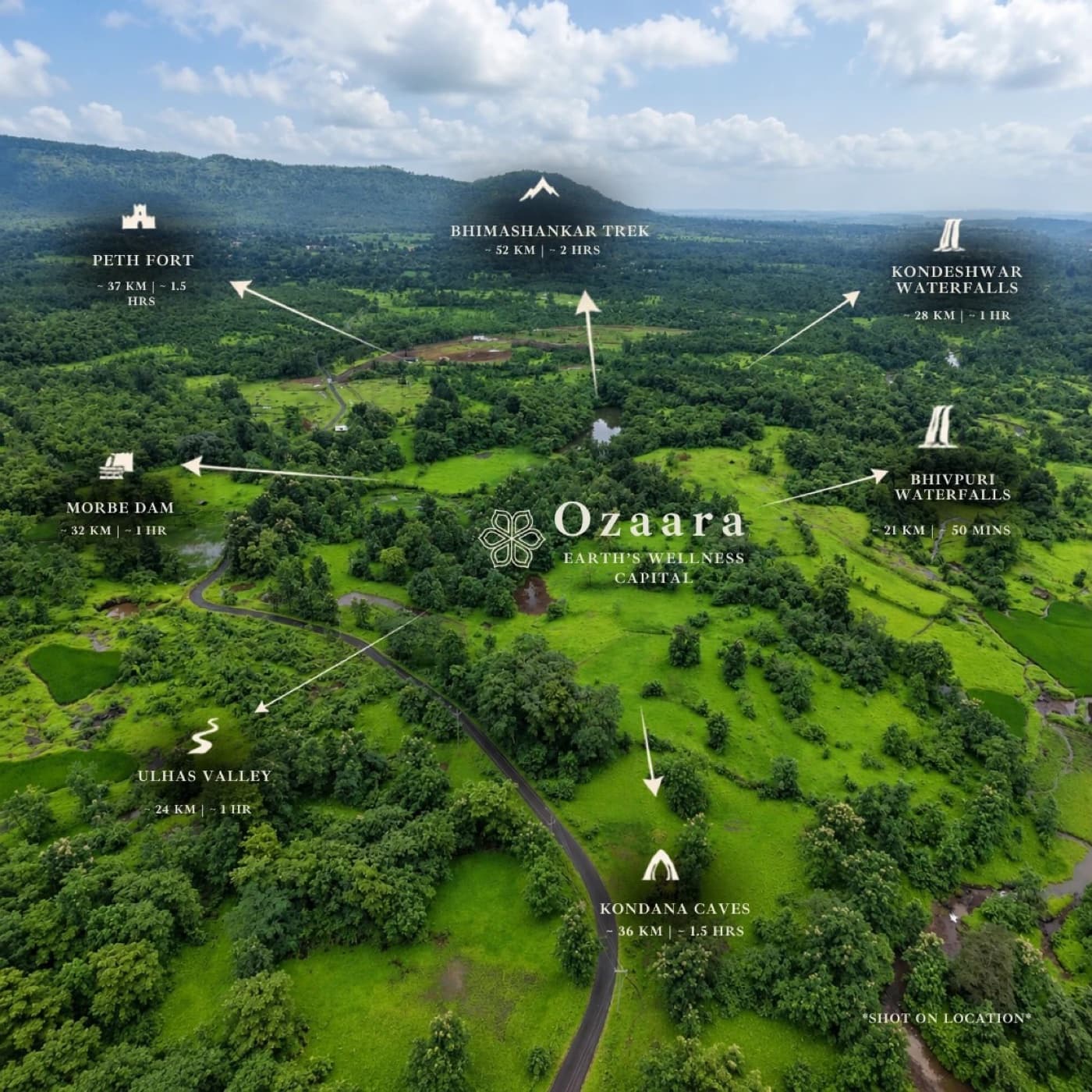 Map of landmarks near Ozaara — Bhimashankar Trek, Kondeshwar and Bhivpuri waterfalls, Peth Fort, Morbe Dam, Ulhas Valley and Kondana Caves