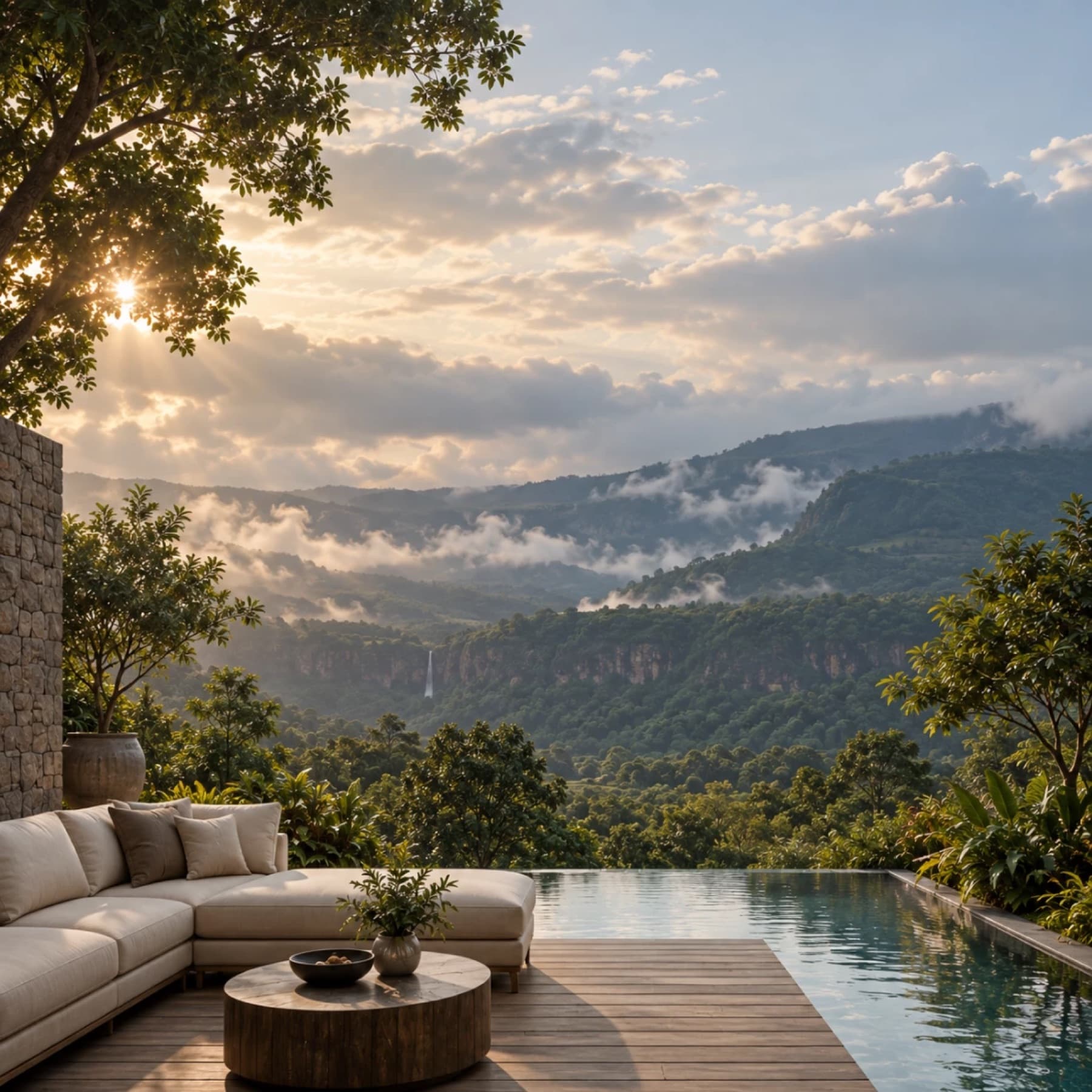 A private terrace overlooking the Karjat valley at sunrise