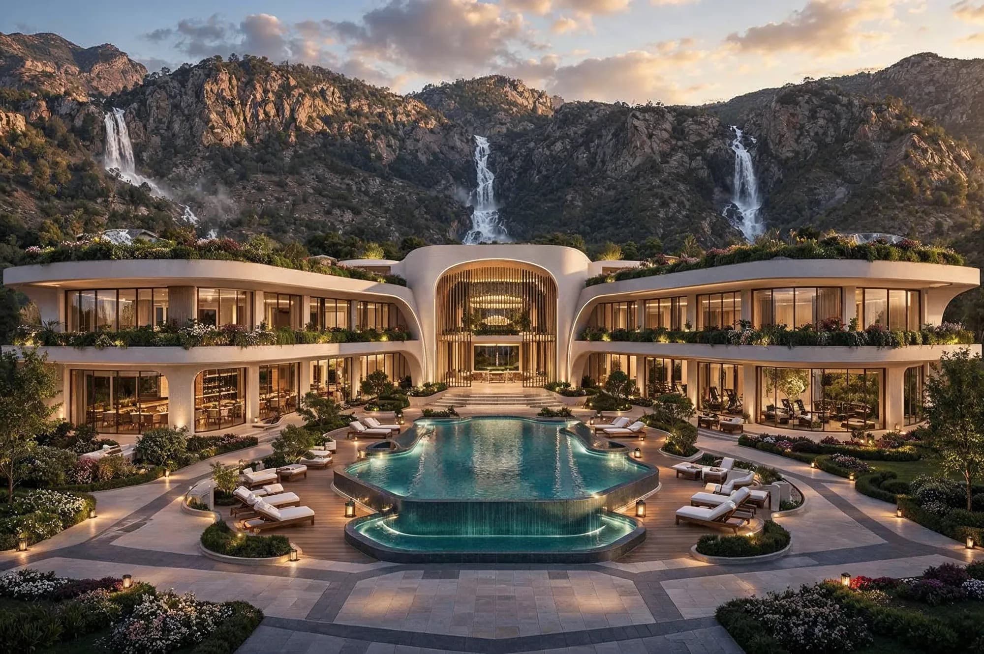 The Clubhouse, facade view with waterfalls in the hills beyond