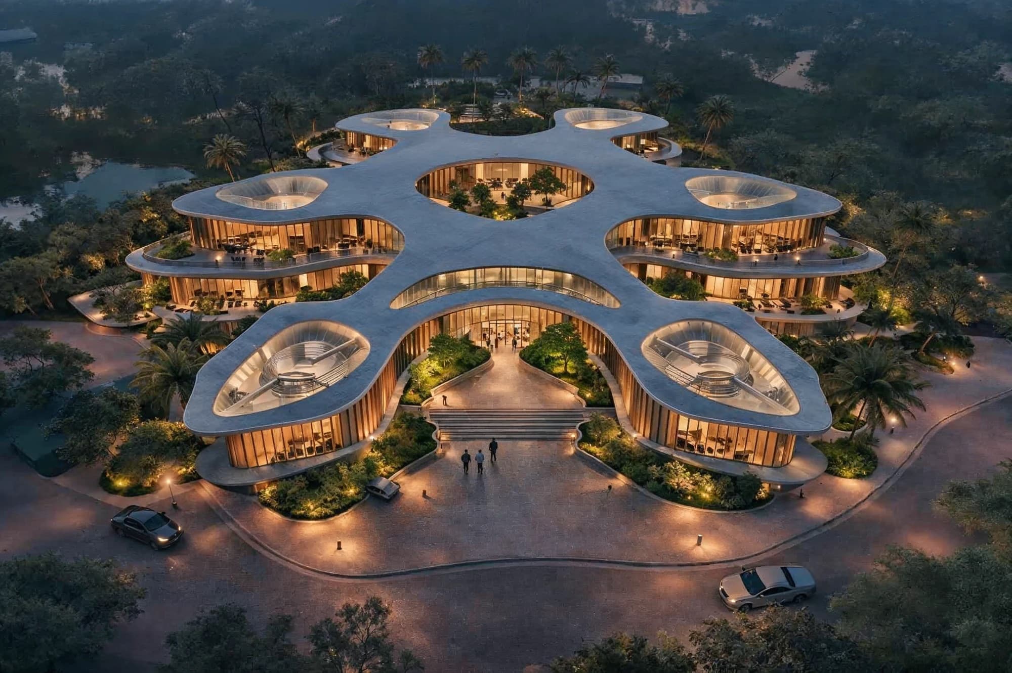 Ozaara's six-petalled Wellness Center building, seen up close at dusk