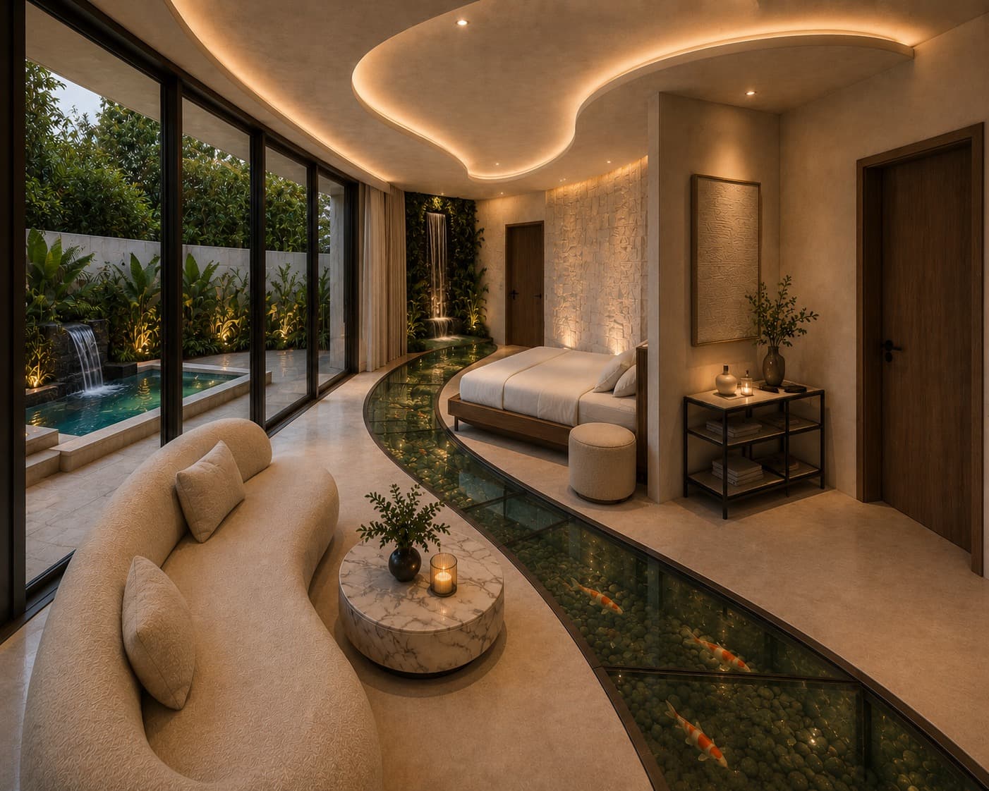A suite with a glass-floored koi pond along a living water wall