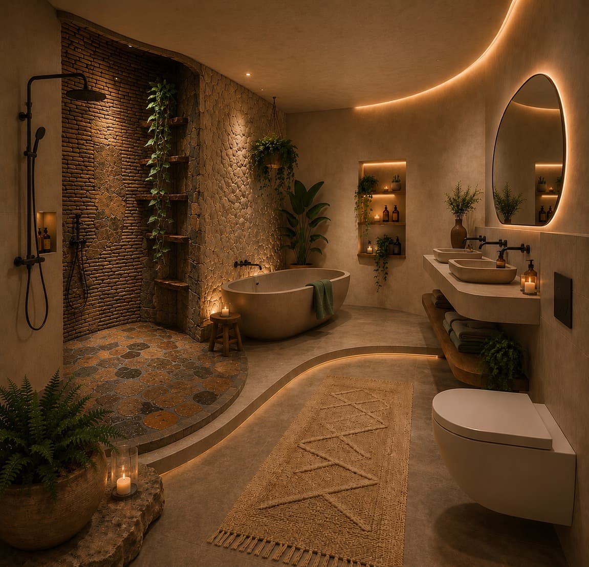 A suite en-suite bathroom, in natural stone with a rainfall shower
